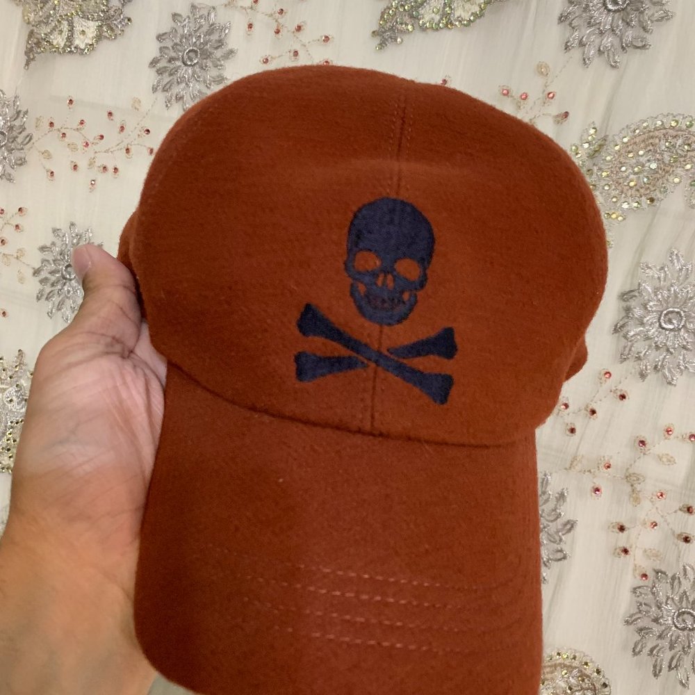 Orange Melton Wool Skull & Crossbones Baseball Cap